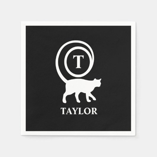 Monogram Naam Initiaal Kitty Cat Lover Black White Servet (Voorkant)
