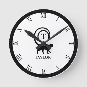 Monogram Naam Initiaal Kitty Cat Lover White Black Ronde Klok