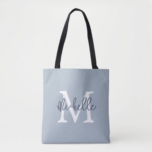 Monogram Naam Initiaal Manuscript Stusty Blue Tote Bag (Voorkant)