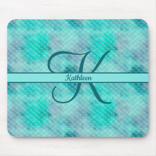 Monogram Naam Initiaal Mermaid Blue Paars Green Muismat (Voorkant)