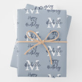 Monogram Naam Initiaal Patroon Happy Birthday Blue Inpakpapier Vel (In situ)