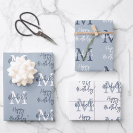 Monogram Naam Initiaal Patroon Happy Birthday Blue Inpakpapier Vel