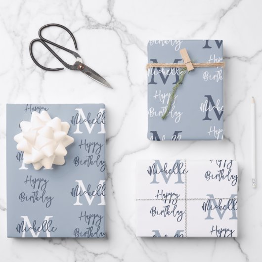 Monogram Naam Initiaal Patroon Happy Birthday Blue Inpakpapier Vel (Voorkant)