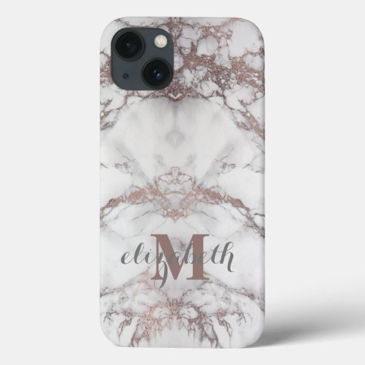 Monogram Naam Initiaal Roos Gold White Grey Marble Case-Mate iPhone Case (Achterkant)