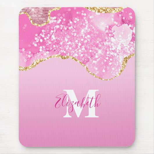 Monogram naam initiaal roze goud glam glitter muismat (Voorkant)