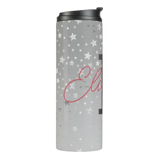 Monogram Naam Initiaal Roze grijze Zilver Trendy Thermosbeker (Gedraaid links)