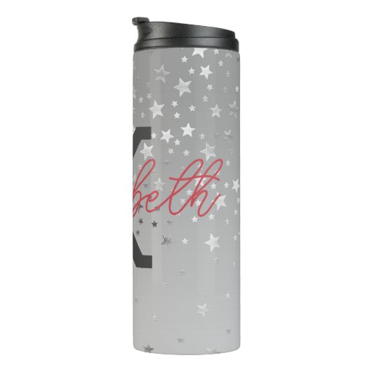 Monogram Naam Initiaal Roze grijze Zilver Trendy Thermosbeker (Geroteerd rechts)