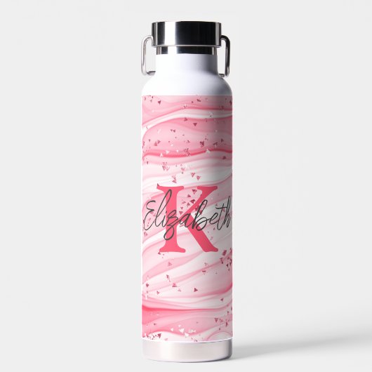 Monogram Naam Initiaal Roze Witte Zilver Glitter Waterfles (Voorkant)