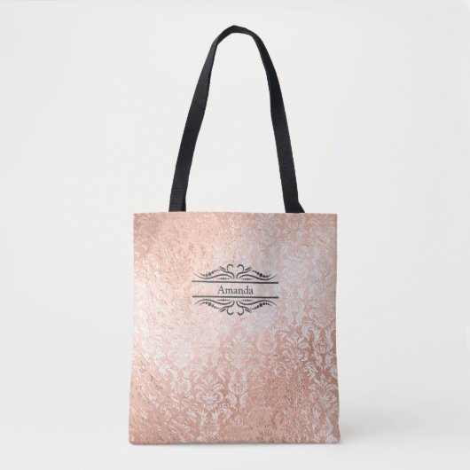 Monogram Naam Initiaal Rozen Goud Damast Bruidsmei Tote Bag (Voorkant)