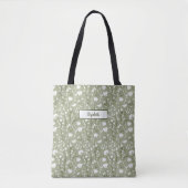 Monogram Naam Initiaal Sage Groene Witte Bloemen Tote Bag (Voorkant)