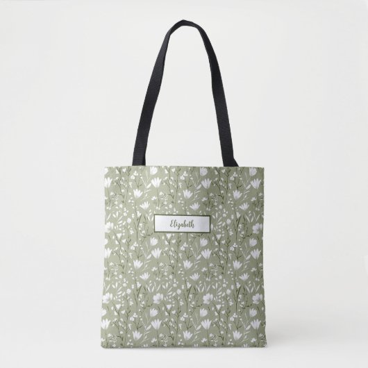 Monogram Naam Initiaal Salie Groen Witte Bloem Tote Bag (Voorkant)