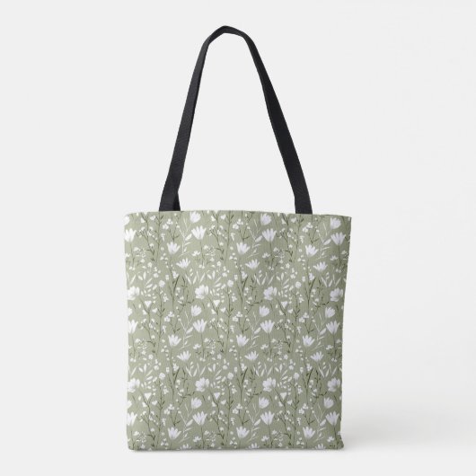 Monogram Naam Initiaal Salie Groen Witte Bloem Tote Bag (Achterkant)