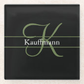 Monogram naam initiaal script zwart groen wit glazen onderzetter (Voorkant)