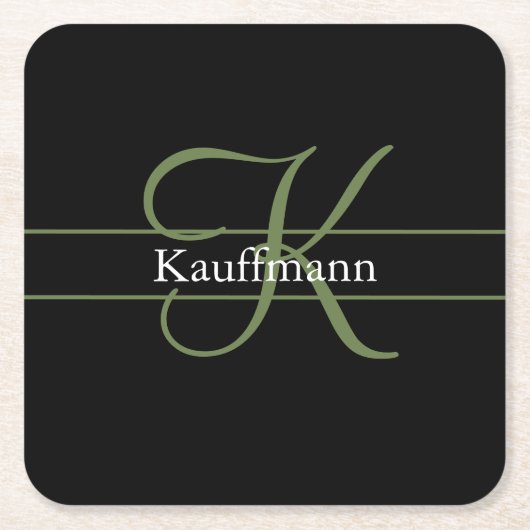 Monogram naam initiaal script zwart groen wit kartonnen onderzetters (Voorkant)