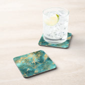 Monogram Naam Initiaal Turquoise Green Gold Marble Bier Onderzetter (Rechterzijde)