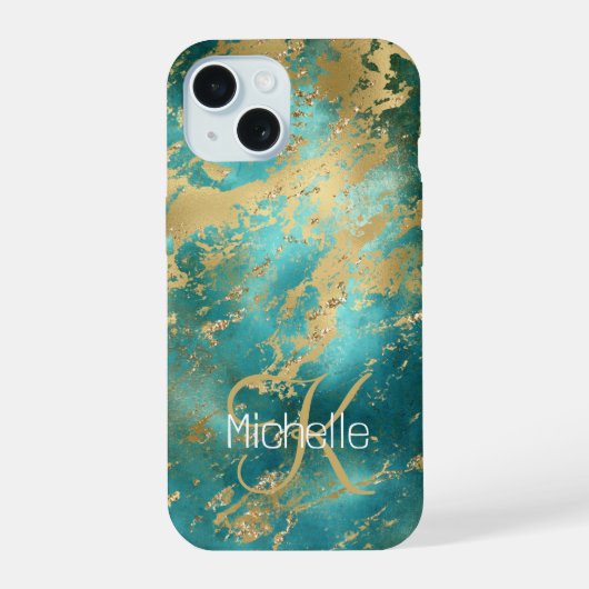 Monogram Naam Initiaal Turquoise Green Gold Marble iPhone 15 Case (Achterkant)