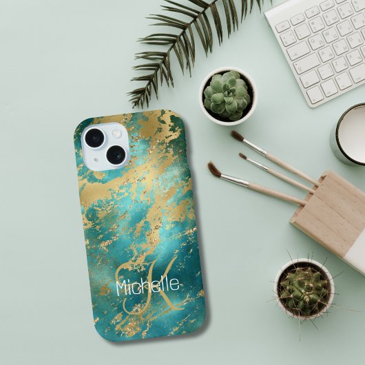 Monogram Naam Initiaal Turquoise Green Gold Marble iPhone 15 Case