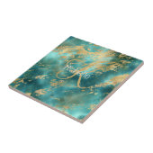 Monogram Naam Initiaal Turquoise Green Gold Marble Tegeltje (Zijkant)