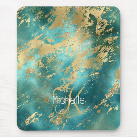 Monogram naam initiaal turquoise groen goud marmer muismat (Voorkant)