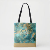 Monogram Naam Initiaal Turquoise Groen Goud Marmer Tote Bag (Voorkant)