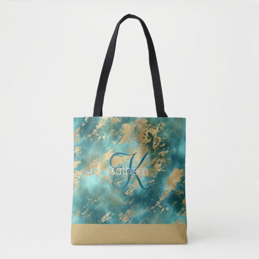 Monogram Naam Initiaal Turquoise Groen Goud Marmer Tote Bag (Voorkant)