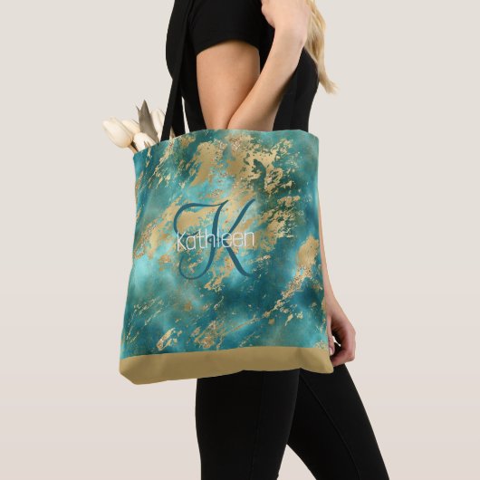 Monogram Naam Initiaal Turquoise Groen Goud Marmer Tote Bag (Dichtbij)