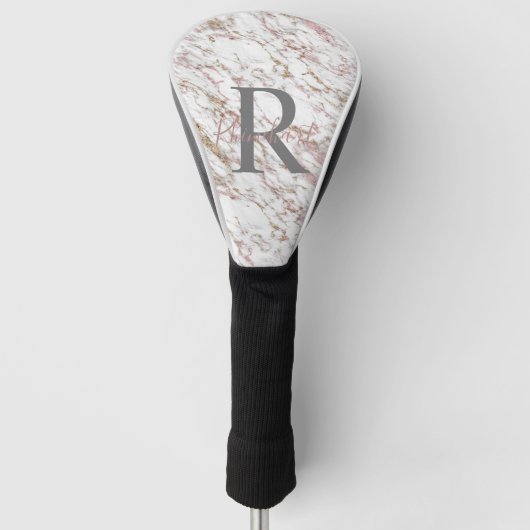 Monogram Naam Initiaal White Grey Gold Pink Marble Golfheadcover (Voorkant)