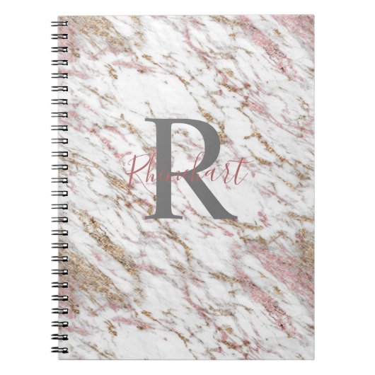 Monogram Naam Initiaal White Grey Gold Pink Marble Notitieboek (Voorkant)
