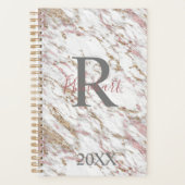 Monogram Naam Initiaal White Grey Gold Pink Marble Planner (Voorkant)