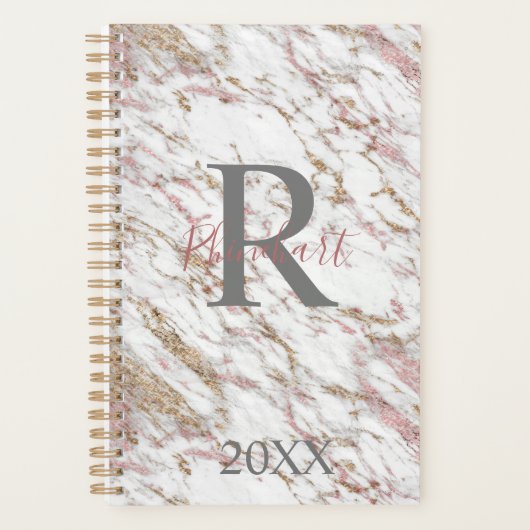 Monogram Naam Initiaal White Grey Gold Pink Marble Planner (Voorkant)