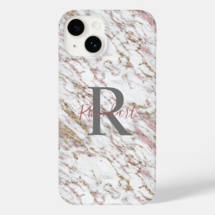 Monogram Naam Initiaal Wit Grijs Goud Roze Marmer Case-Mate iPhone 14 Hoesje