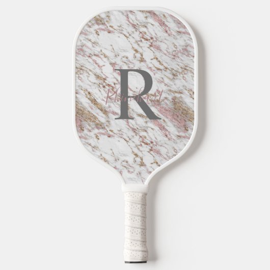 Monogram Naam Initiaal Wit Grijs Goud Roze Marmer Pickleball Paddle (Voorkant)