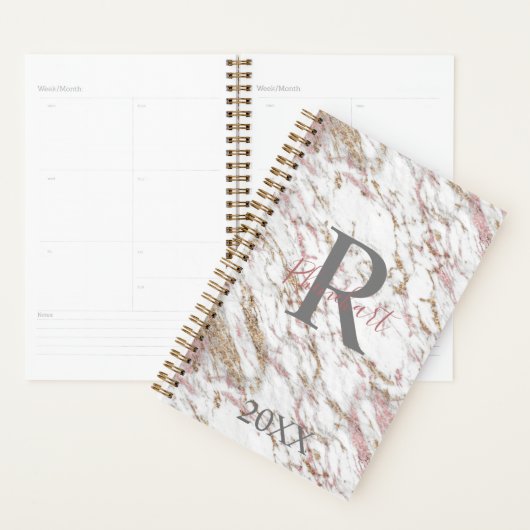 Monogram Naam Initiaal Wit Grijs Goud Roze Marmer Planner (Display)