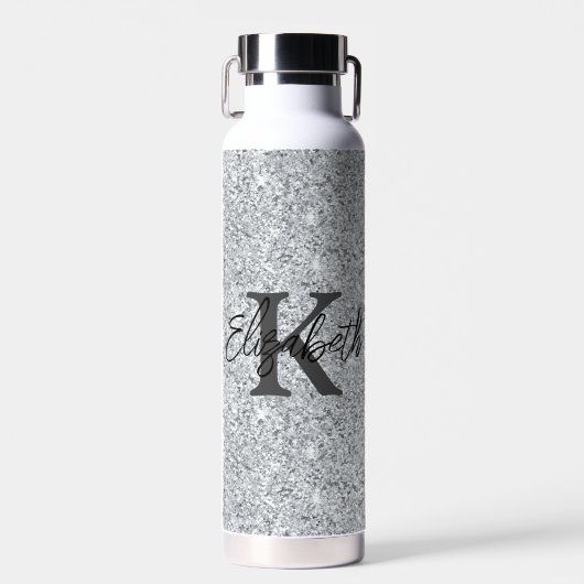 Monogram Naam Initiaal Zilver Glitter Meisjesachti Waterfles (Voorkant)
