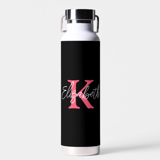 Monogram Naam Initiaal Zwart Roze Wit Trendy  Waterfles (Voorkant)