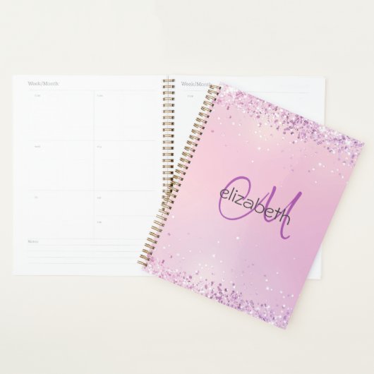 Monogram Naam Initialen Roze Paarse Glitter Planner (Display)