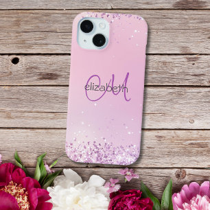 Monogram naam initialen roze paarse glitters iPhone 15 case