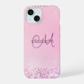 Monogram naam initialen roze paarse glitters iPhone 15 case (Achterkant)