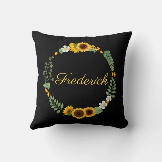 Monogram naam initialen zonnebloemen bloem zwart kussen (Achterkant)