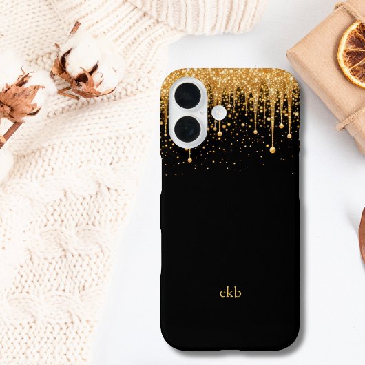 Monogram Naam Initialen Zwart Goud Druppelende Gli Case-Mate iPhone Case