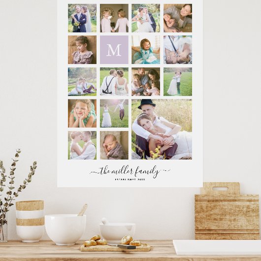 Monogram naam kalligrafie wit 16 foto collage poster (Keuken)