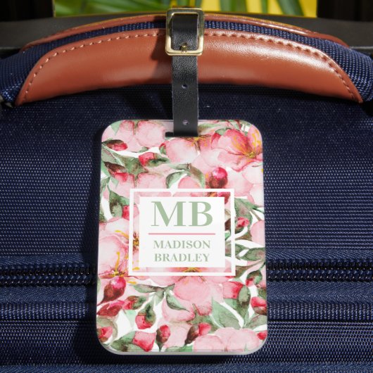 Monogram naam Kersenbloesem Waterverf Bloem Bagagelabel (Voorkant Insitu 2)