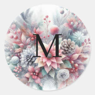 Monogram naam Kerst bloem waterverf pastel Ronde Sticker