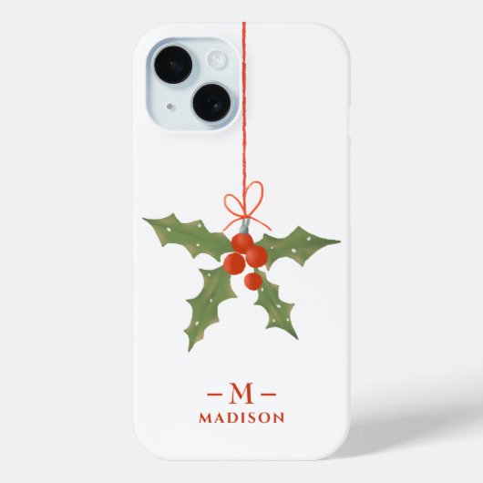 Monogram Naam Kerst Holly Winter Bloemen Case-Mate iPhone Case (Achterkant)