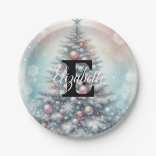 Monogram naam Kerstboom bloem waterverf Papieren Bordje