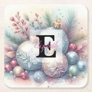 Monogram naam Kerstboom ornamenten waterverf Kartonnen Onderzetters