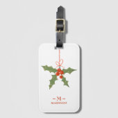 Monogram Naam Kerstmis Holly Winter Floral Bagagelabel (Voorkant (verticaal))