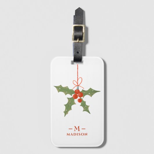 Monogram Naam Kerstmis Holly Winter Floral Bagagelabel (Voorkant (verticaal))