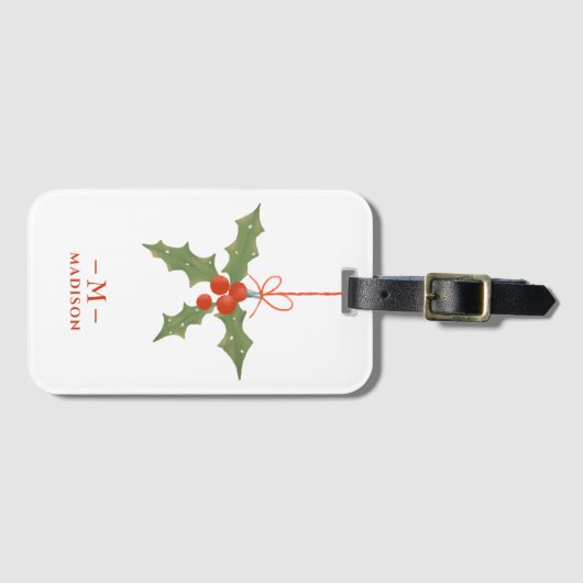 Monogram Naam Kerstmis Holly Winter Floral Bagagelabel (Voorkant (horizontaal))