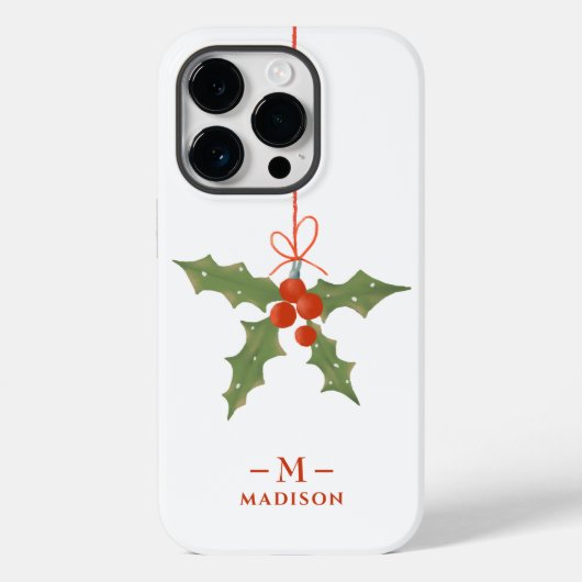 Monogram Naam Kerstmis Holly Winter Floral Case-Mate iPhone Case (Achterkant)